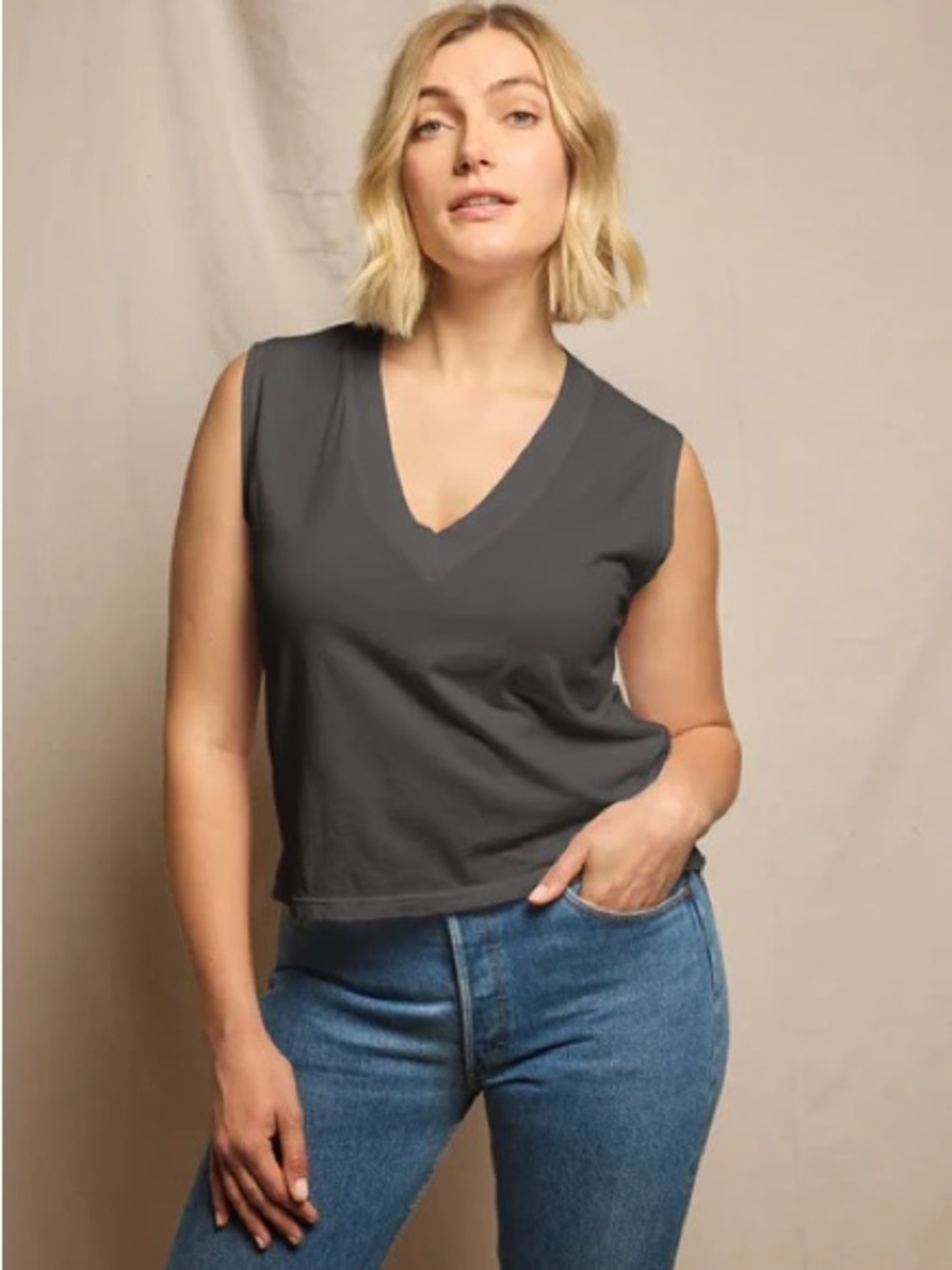 Perfectwhitetee Margot Sleeveless V-Neck Tank Top - Vintage Black